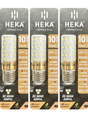 (3 Adet) Heka 10W (70W) Sarı-Günışığı-Beyaz E27 Duylu Üç Renkli LED Mısır Ampul