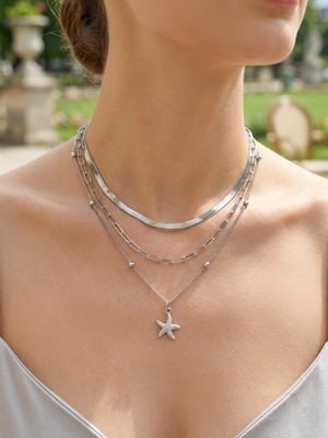 Museum Of You Kadın Gümüş Renk 3'lü Kombin Kolye - Taşlı Deniz Yıldızı Figürlü Italyan Zincir ve Ataş Zincir Seti