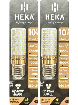 (2 Adet) Heka 10W (70W) Sarı-Günışığı-Beyaz E27 Duylu Üç Renkli LED Mısır Ampul