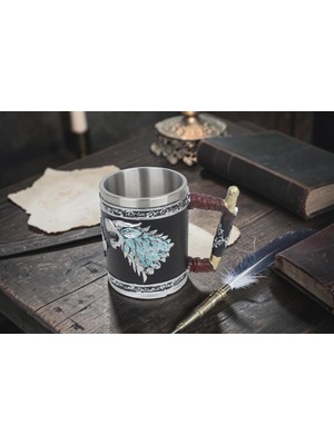 Elifeshop 3D Game Of Thrones Stark Renkli Kurt Tasarımlı Kupa Paslanmaz Çelik Iç Hazneli Kulplu Bardak 400 ml