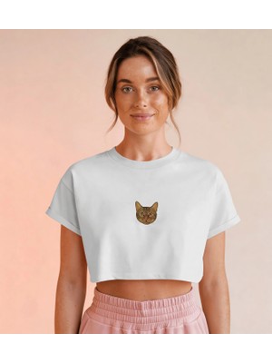 Muhtar Store Minimal Tekir Kedi Baskılı Beyaz Crop Tişört Kadın Rahat Kalıp