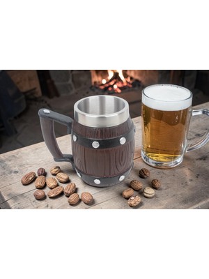 Elifeshop Paslanmaz Çelik Iç Hazneli Viking Bira Kupası Ahşap Görünümlü Kulplu Fıçı Tasarım 600 ml