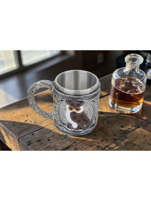 Elifeshop 3D Baykuş Tasarımlı Kupa Paslanmaz Çelik Iç Hazneli Kulplu Dekoratif Bardak 400 ml