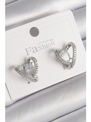 Venüs Shopping Mey Ithalat® Pirinç Gümüş Renk Zirkon Taşlı Kalp Model Kadın Küpe