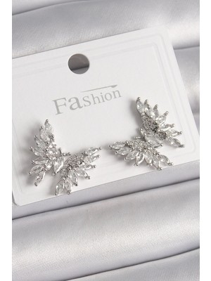 Venüs Shopping Mey Ithalat® Pirinç Gümüş Renk Zirkon Taşlı Kelebek Model Kadın Küpe