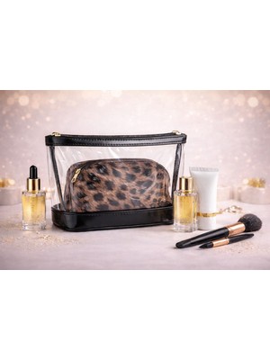 Valleri Bag Şeffaf Leopar Desenli Makyaj Çantası