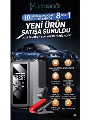 Mucosan 2026 Model 30000MAH Profesyonel Akü Takviye & Lastik Şişirme Pompası - 5000A Güçlü Başlatıcı, Vakum ve Toz Üfleme Fonksiyonlu LED Fenerli Set