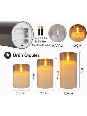 Savlar Store Prag 3’lü LED Mum Seti | 3200K Işık | Pilli Çalışan (3×aaa – Dahil Değil) | Gerçek Alev Efektli, Dekoratif Cam Mumlar | Ev, Salon, Yılbaşı, Masa Üstü Kullanım