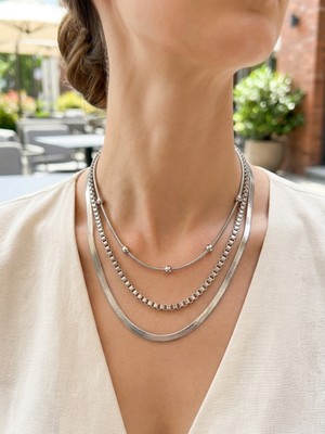 Museum Of You Kadın Gümüş Renk Üçlü Kombin Kolye Seti - Italyan Ezme, Küp ve Boncuk Zincir