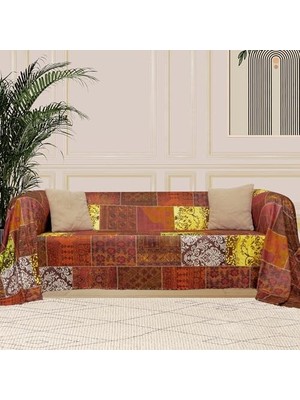 Savlar Store Concept Softmicro Koltuk Örtüsü | Çekyat Örtüsü | Koltuk Şalı | Etnik Desenli Patchwork Kaymaz | Kiremit 180X300 cm