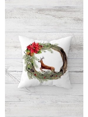 Savlar Store Pelangi Yılbaşı Temalı Geyik Çift Tarafı Baskılı Gizli Fermuarlı Yastık Kılıfı Kırlent Koltuk Yastık Kılıfı, Beyaz-Yeşil-Kahve 45 x 45, 24691156845451