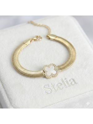Stelia 316L Çelik Gold Renk Beyaz Yonca Model Zirkon Taşlı Yılan Zincirli Kadın Bileklik