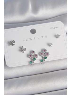 Toyigoo Mey Ithalat® Pirinç Gümüş Renk Renkli Zirkon Taşlı Çiçek Model Yaprak Detay 925 Ayar Güm�