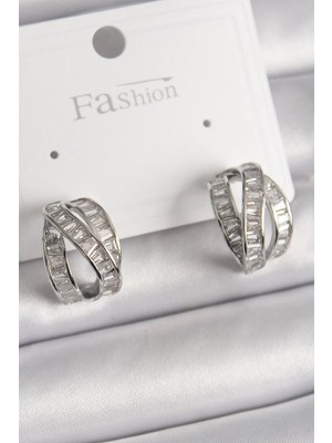 Toyigoo Mey Ithalat® Pirinç Gümüş Renk Zirkon Taşlı Düğüm Halka Model Kadın Küpe TYGRSYT9573