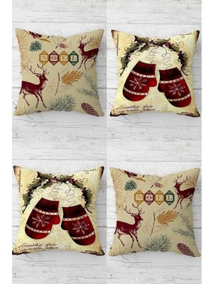 Savlar Store Pelangi Kokina Geyik Yılbaşı Eldiven Desen Gizli Fermuarlı Kırlent Kılıfı Koltuk Yastık Kılıfı TAKIM(4ADET), Kırmızı-Bej 43 x 43