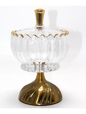 Twin Store Metal Ayaklı Kristal Cam Şekerlik Gold Detaylı Sunumluk ALK4871