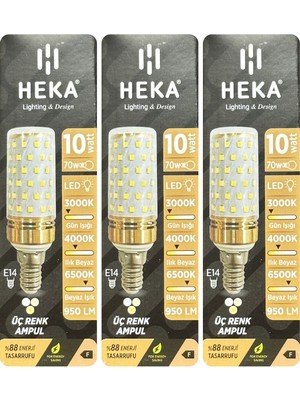 (3 Adet) Heka 10W (70W) Sarı-Günışığı-Beyaz E14 Duylu Üç Renkli LED Mısır Ampul
