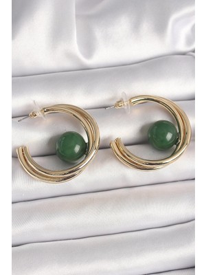 Toyigoo Mey Ithalat® Pirinç Gold Renk Halka Model Yeşil Boncuk Detay Kadın Küpe TYGRSYT9573