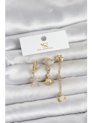 Twin Store Pirinç Gold Renk Zirkon Taşlı Deniz Temalı 3'lü Kadın Küpe