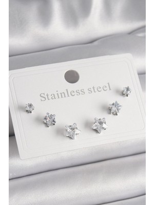 Toyigoo Mey Ithalat® 316L Çelik Gümüş Renk Zirkon Taşlı Yıldız Model Kadın Küpe Seti TYGRSYT9573