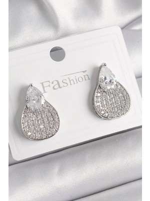 Toyigoo Mey Ithalat® Pirinç Gümüş Renk Zirkon Taşlı Damla Model Kadın Küpe TYGRSYT9573