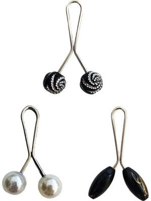 Esranın Dünyası 3 Adet Tesettür Eşarp ve Şal Klipsi Inci Beyaz Siyah Siyah Desenli