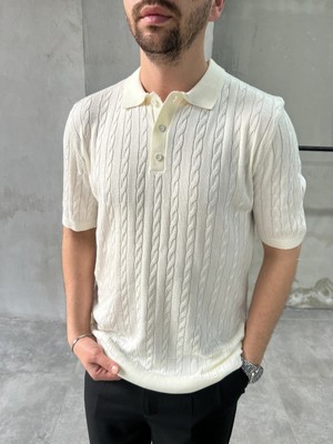 Difransel Jeans Erkek Relax Fit Saç Örgü Desen Polo Yaka Tişört