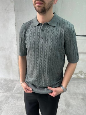 Difransel Jeans Erkek Relax Fit Saç Örgü Desen Polo Yaka Tişört