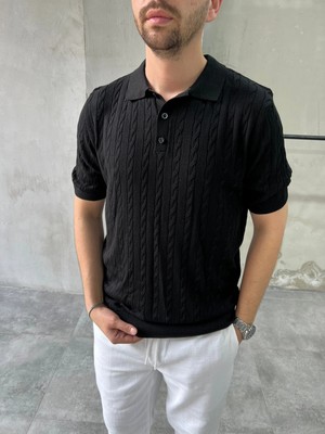 Difransel Jeans Erkek Relax Fit Saç Örgü Desen Polo Yaka Tişört