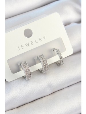 Venüs Shopping Mey Ithalat® Pirinç Zirkon Taşlı Halka Model Gümüş Renk 3'lü Çift Kadın Küpe Set