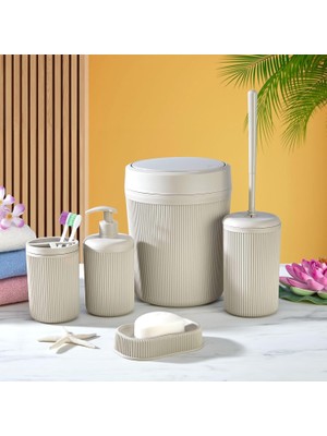 Savlar Store 5 Parça Lüx Plastik Banyo Seti - Çöp Kovalı, Diş Fırçalıklı, Sıvı ve Katı Sabunluk Antibakteriyel Fırça - Bej