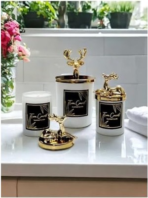 Savlar Store Dekoratif Geyikli Vanilya Kokulu Beyaz Bardak Mum 3'lü Set