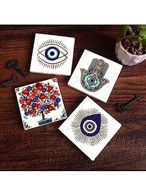 Savlar Store Nazar, Nar Ağacı, Fatma Ana Eli  Taş Bardak Altlığı Seti - 4 Parça - Dekoratif, Rustik Mutfak Aksesuarı, 10X10 Cm, Kaydırmaz Tabanlı, Şık ve Dayanıklı SC409