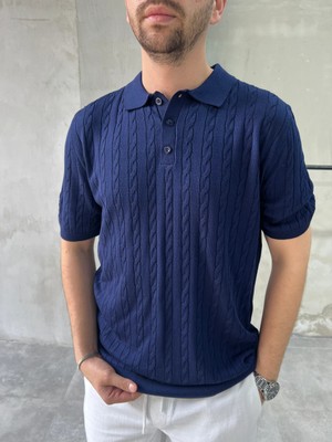 Difransel Jeans Erkek Relax Fit Saç Örgü Desen Polo Yaka Tişört
