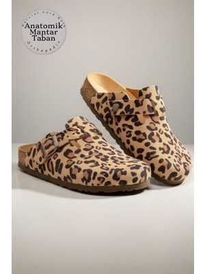 Land Of Cork Haki Kapalı Terlik – Anatomik Doğal Mantar Taban, Hakiki Deri, Ark Destekli Unisex Leopar Terlik