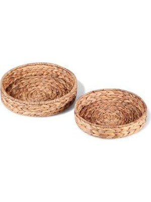 Savlar Store 2'li El Yapımı ve Doğal Hasır Yuvarlak Tepsi Seti, 2'li Doğal Hasır Yuvarlak Sepet Seti