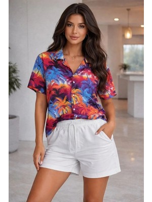Mzp Kartan Kadın Renkli Tropikal Palmiye Desenli Kısa Kol Gömlek Şort Takım Yazlık Rahat Kalıp - Desenli