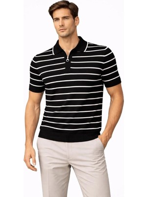 Mzp Kartan Erkek Triko Polo Yaka Fermuarlı Çizgili Tişört T-Shirt Yazlık Şık - Siyah