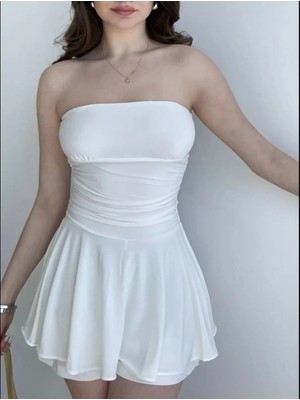 Mzp Kartan Kadın Straplez Mini Etek Görünümlü Şortlu Elbise Büzgülü Şık Yazlık - Beyaz