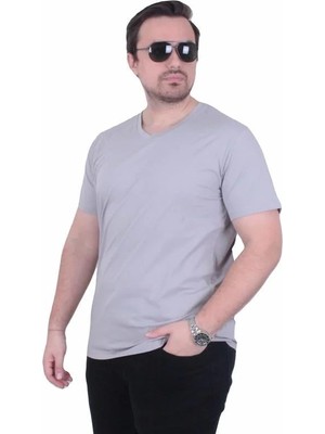 Starbattal Erkek Büyük Beden Likralı Basic V Yaka Tişört 11170 Grı