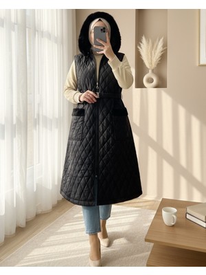 Modamorfo Çıkma Kapşonlu Kemerli Kapitone Yelek -Siyah