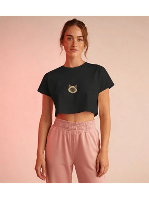 Muhtar Store Minimal Siyam Kedi Baskılı Beyaz Crop Tişört Kadın Rahat Kalıp