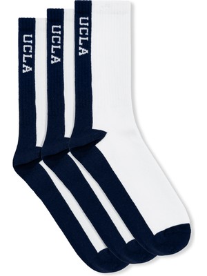 Ucla Renley 3\'lü Beyaz-Lacivert Uzun Jakarlı Pamuk Standard Fit Unisex Çorap
