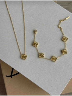 Güneş Takı 316L Gold Tek Yonca Model Kolye-Küpe Seti