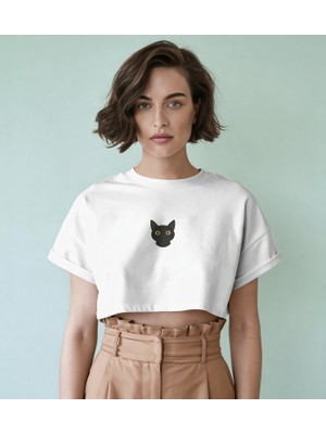 Muhtar Store Minimal Siyah Kedi Baskılı Beyaz Crop Tişört Kadın Rahat Kalıp