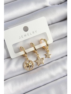 Toyigoo Mey Ithalat® Pirinç Zirkon Taşlı Yıldız Model Gold Renk 3'lü Çift Kadın Küpe Set Tygrsyt9