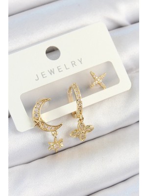 Toyigoo Mey Ithalat® Pirinç Zirkon Taşlı Çiçek ve Ay Model Gold Renk 3'lü Çift Kadın Küpe Set Tyg