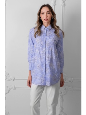 Eskişehir Mağazacılık MA11.34 Merve Moodbasic Nakışlı Boncuklu Çizgili Gömlek