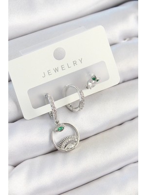 Toyigoo Mey Ithalat® Pirinç Zirkon Taşlı Göz ve Baykuş Model Gümüş Renk 3'lü Çift Kadın Küpe S