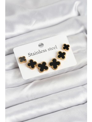 Toyigoo Mey Ithalat® 316L Çelik Gold Siyah Renk 3 Boy Yonca Küpe Seti TYGRSYT9573